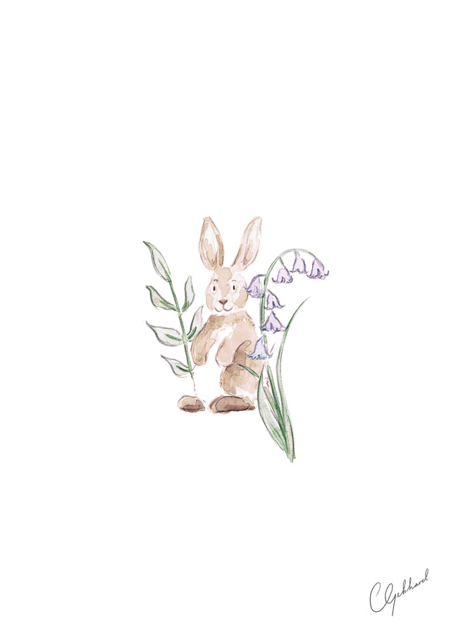 Watercolour art print of a rabbit and bluebells, painted by Carla Gebhard.