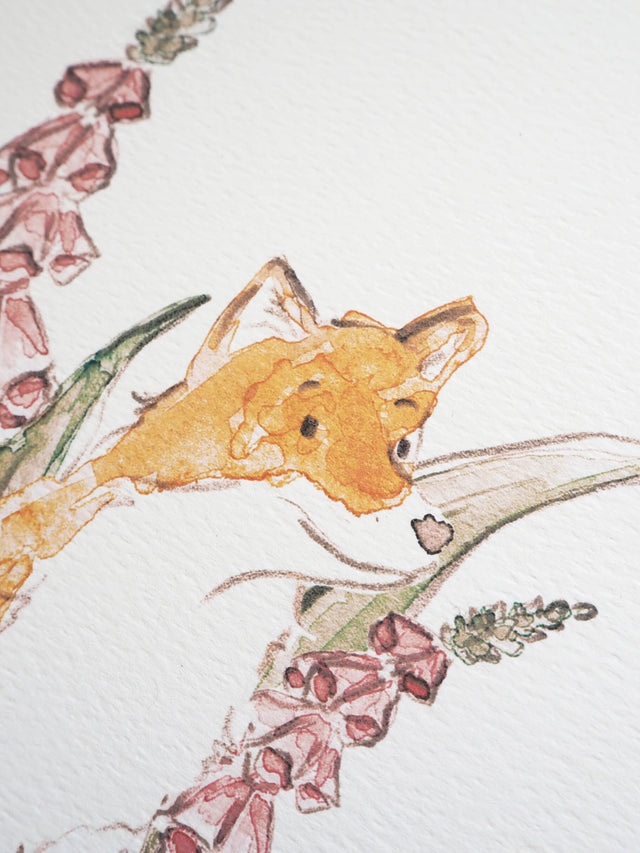 Close up of a watercolour art print of a fox and pink foxgloves, painted by Carla Gebhard.