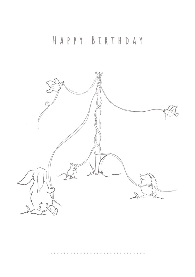 Children's colouring birthday card of woodland animals dancing around a maypole.