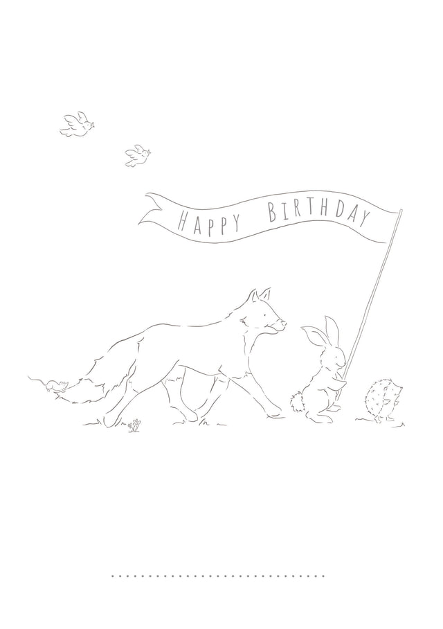 Children's colouring birthday card of woodland animals on a parade.