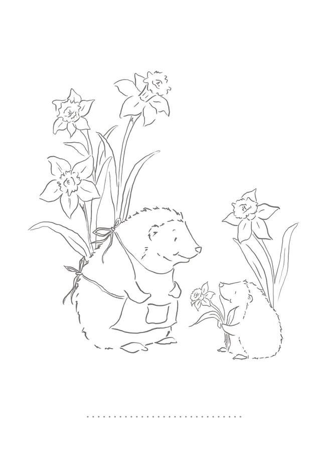 Children's colouring card of a mummy hedgehog and a baby hedgehog surround by daffodils.