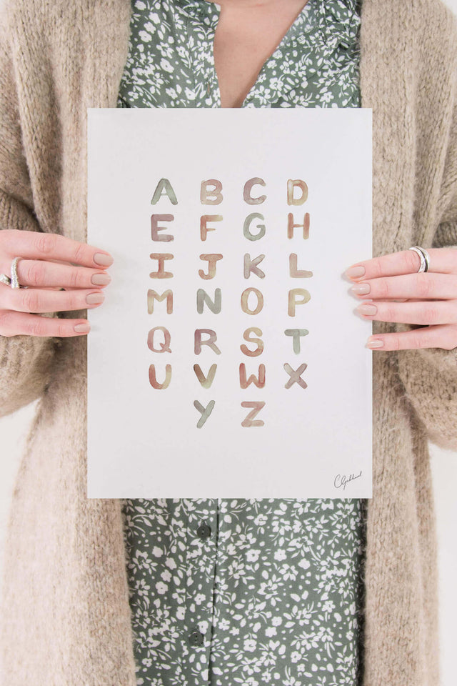 Muted colour, alphabet print for kids, painted by Carla Gebhard.