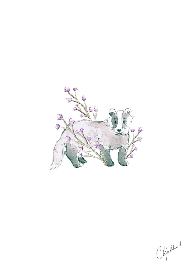 Watercolour art print of a badger surrounded by lilac flowers, painted by Carla Gebhard.