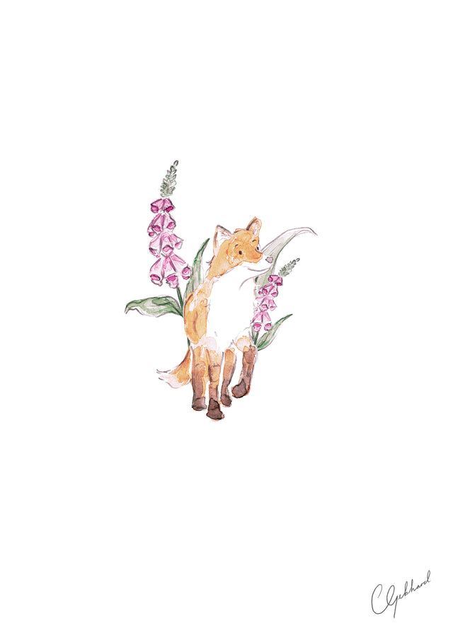 Watercolour art print of a fox and pink foxgloves, painted by Carla Gebhard.