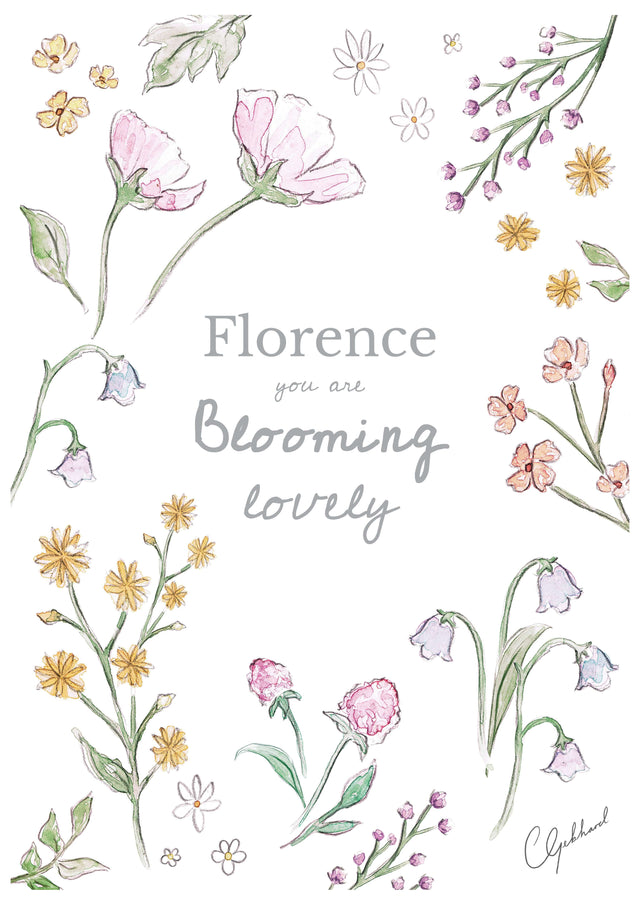 Personalised 'you are blooming lovely' art print, featuring lots of painted flowers, by Carla Gebhard.