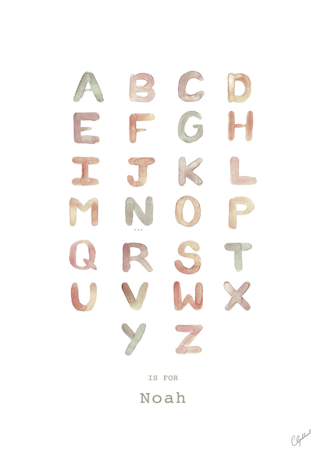 Personalised alphabet print in muted colours, by Carla Gebhard.
