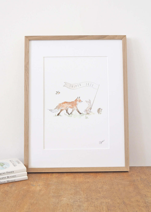 Personalised new baby print of woodland animals on a parade, illustrated by Carla Gebhard.