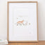 Personalised new baby print of woodland animals on a parade, illustrated by Carla Gebhard.