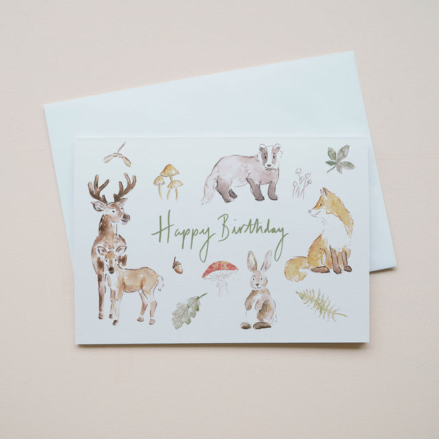 Woodland animal birthday card, by Carla Gebhard.