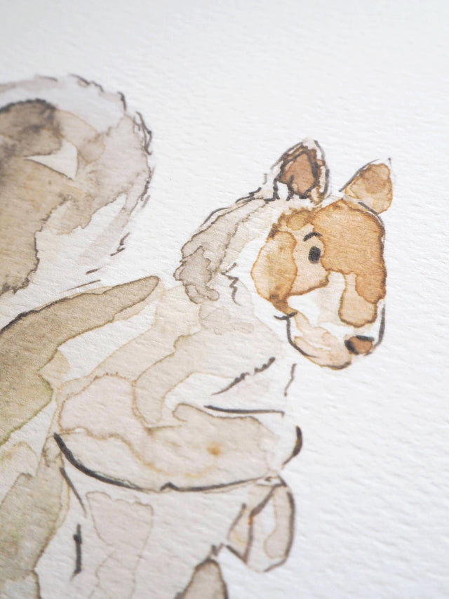Close up of a watercolour squirrel print, painted by Carla Gebhard.