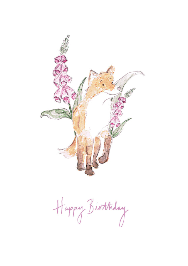 Fox and foxgloves birthday card, by Carla Gebhard.