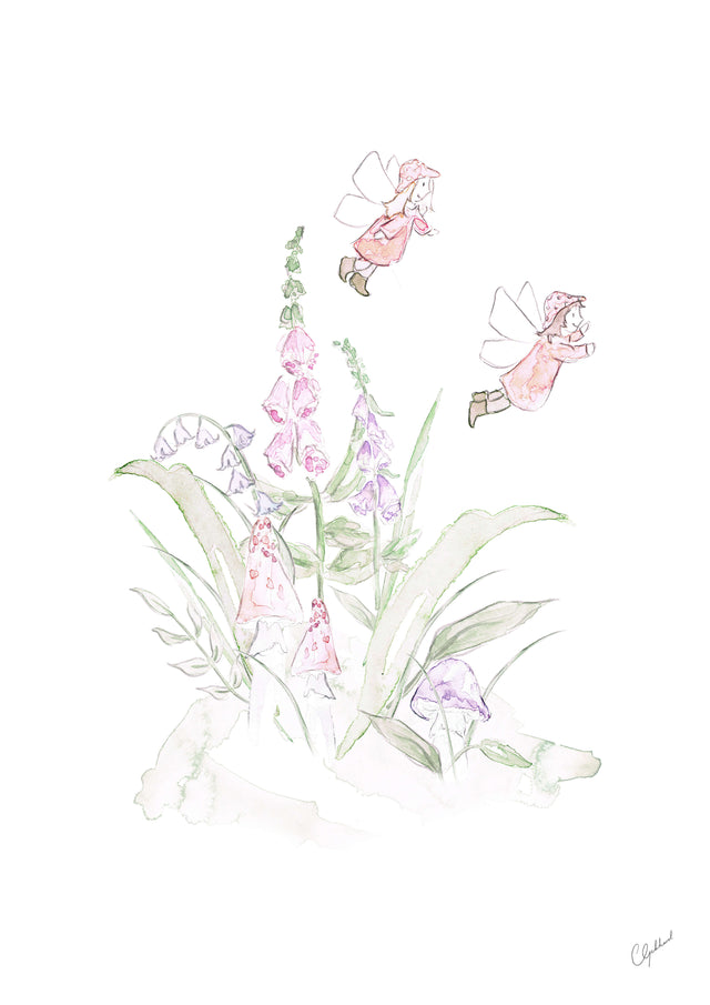 Art print of two little fairies flying over pink flowers and magical mushrooms, painted by Carla Gebhard.