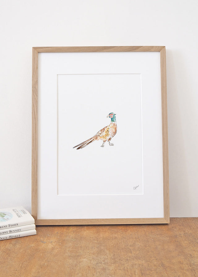 Framed pheasant print, painted by Carla Gebhard.
