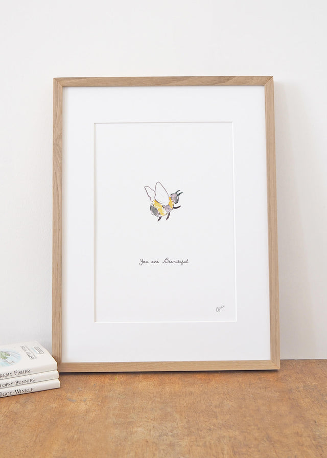 Framed 'You are bee-utiful' bee art print, painted by Carla Gebhard.